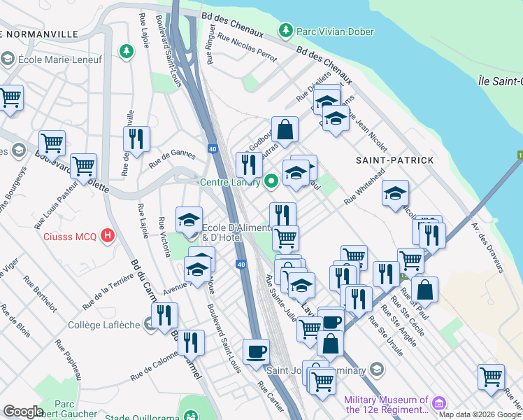 map of restaurants, bars, coffee shops, grocery stores, and more near 842 Rue Saint Jacques in Trois-Rivières