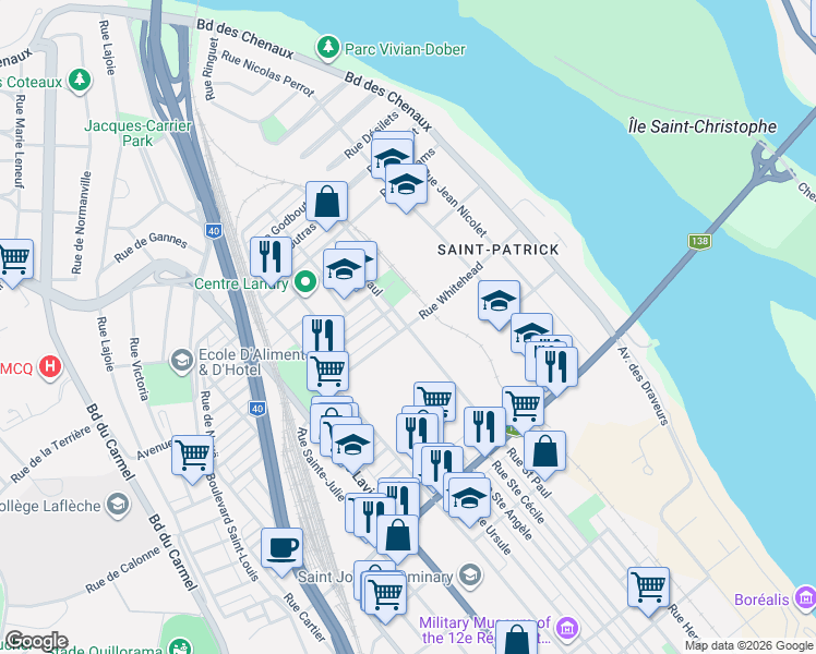map of restaurants, bars, coffee shops, grocery stores, and more near 1701 Rue Saint Paul in Trois-Rivières
