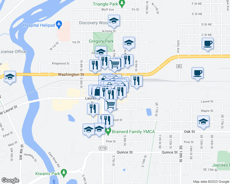 map of restaurants, bars, coffee shops, grocery stores, and more near 211 South 7th Street in Brainerd