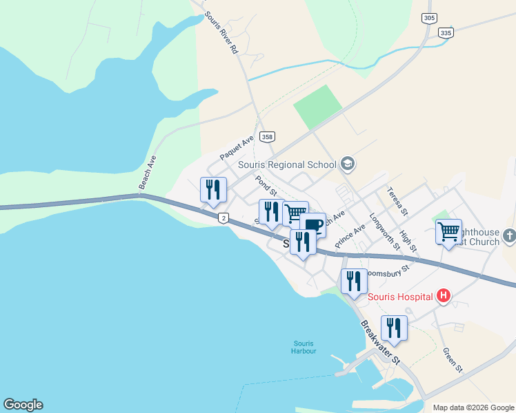 map of restaurants, bars, coffee shops, grocery stores, and more near 6 Sterns Avenue in Souris