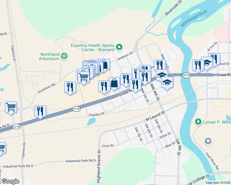 map of restaurants, bars, coffee shops, grocery stores, and more near 620 West Washington Street in Brainerd