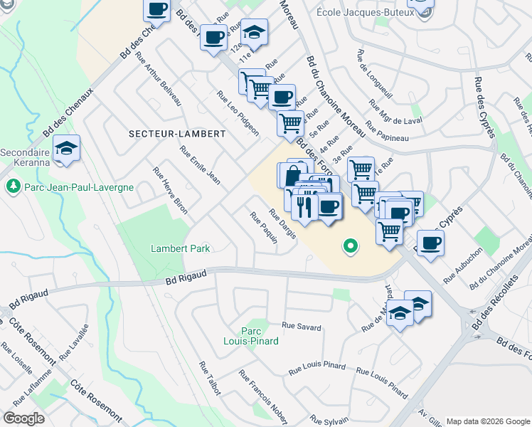 map of restaurants, bars, coffee shops, grocery stores, and more near 4235 Rue Dargis in Trois-Rivières
