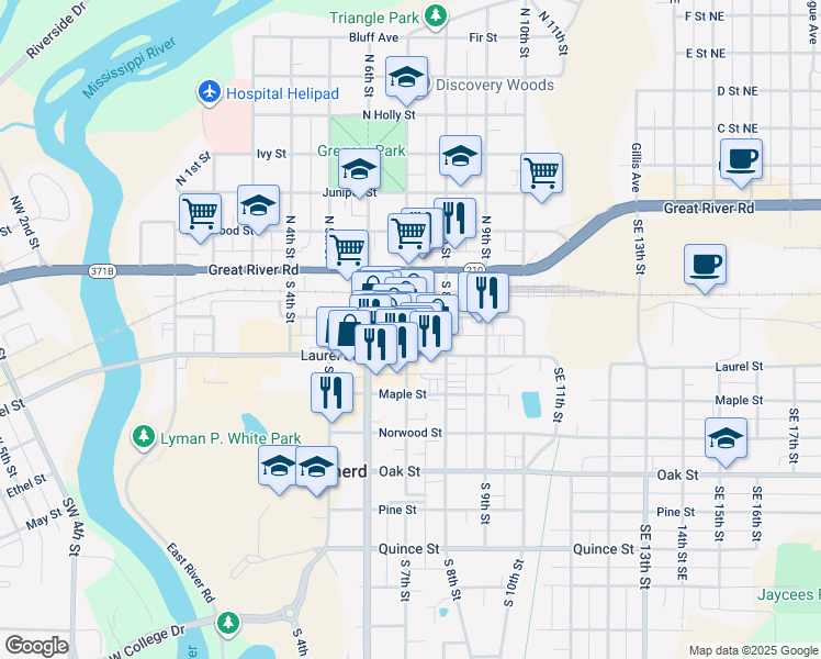 map of restaurants, bars, coffee shops, grocery stores, and more near 707 Laurel Street in Brainerd