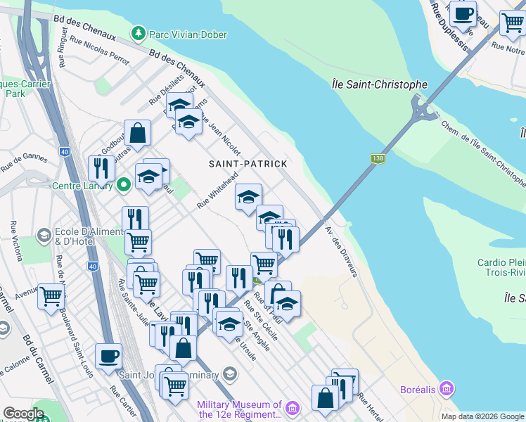 map of restaurants, bars, coffee shops, grocery stores, and more near 1364 Rue Nicolas Perrot in Trois-Rivières