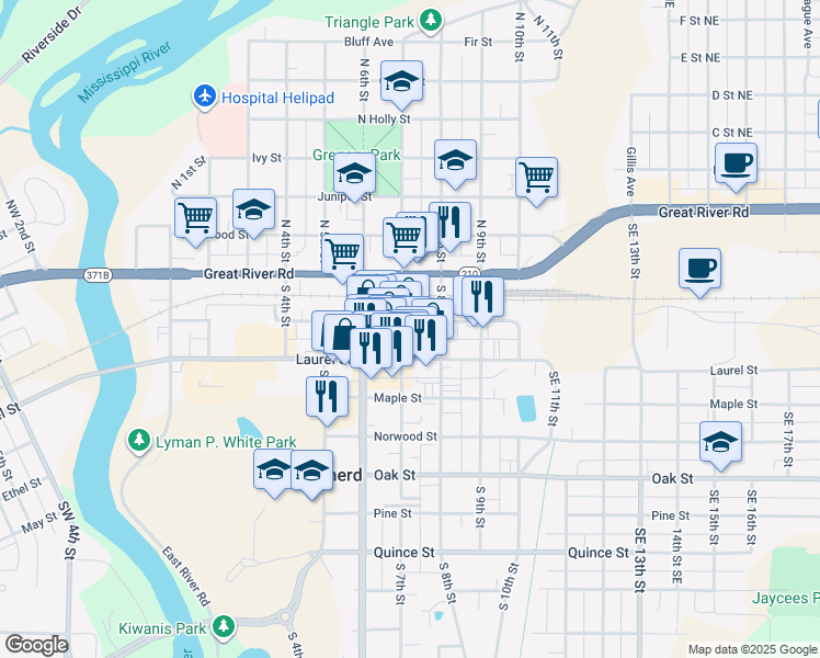map of restaurants, bars, coffee shops, grocery stores, and more near 707 Laurel Street in Brainerd