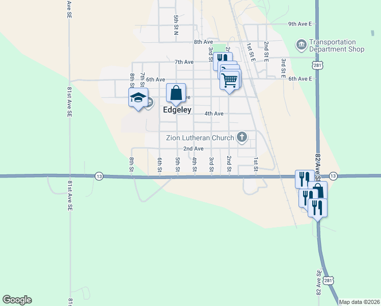 map of restaurants, bars, coffee shops, grocery stores, and more near 100-198 5th St in Edgeley