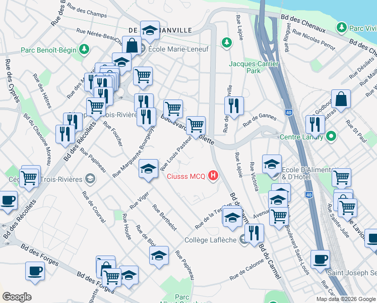 map of restaurants, bars, coffee shops, grocery stores, and more near 3400 Rue Louis Pasteur in Trois-Rivières