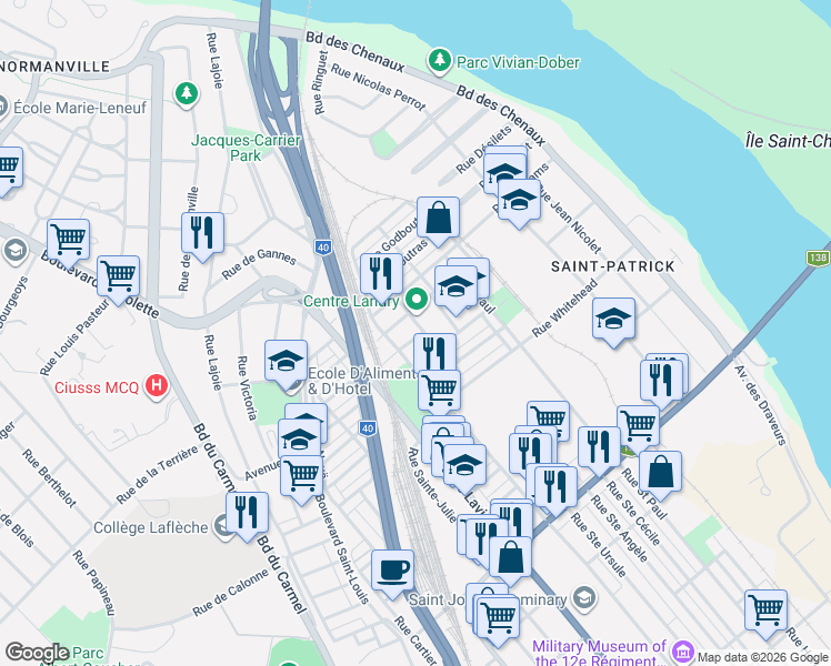 map of restaurants, bars, coffee shops, grocery stores, and more near 800 Rue Saint Jacques in Trois-Rivières