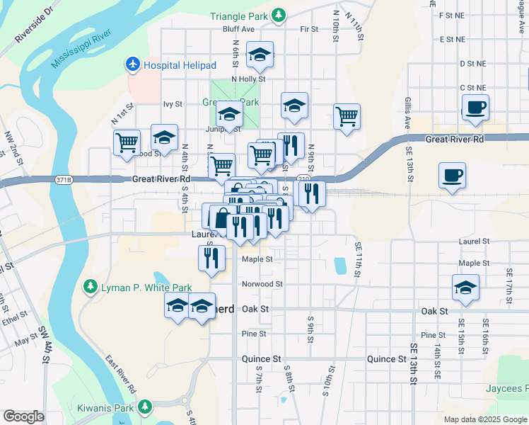 map of restaurants, bars, coffee shops, grocery stores, and more near 707 Laurel Street in Brainerd