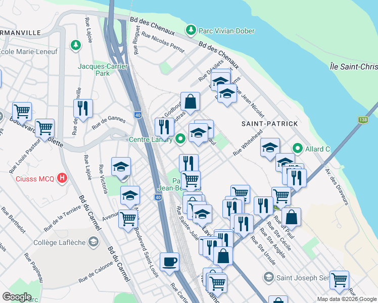 map of restaurants, bars, coffee shops, grocery stores, and more near 1846 Rue Saint François Dassise in Trois-Riviã¨Res