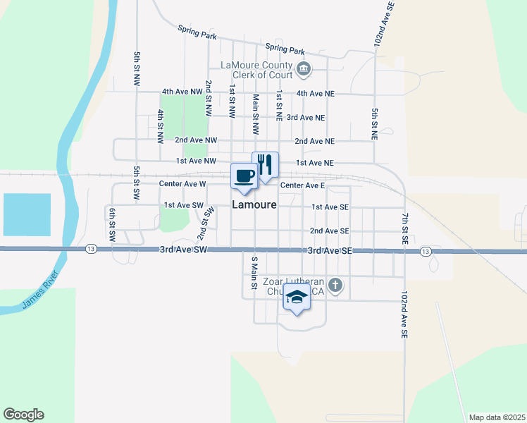 map of restaurants, bars, coffee shops, grocery stores, and more near in LaMoure