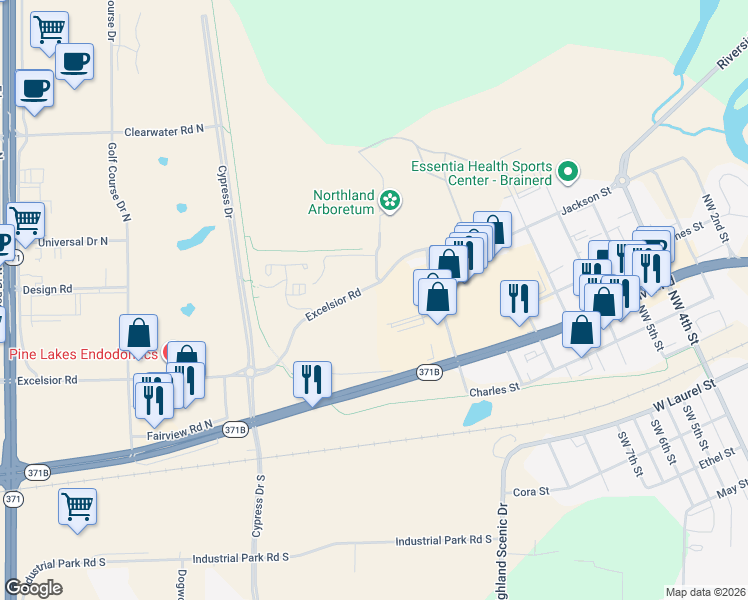 map of restaurants, bars, coffee shops, grocery stores, and more near 8186 Excelsior Road in Baxter