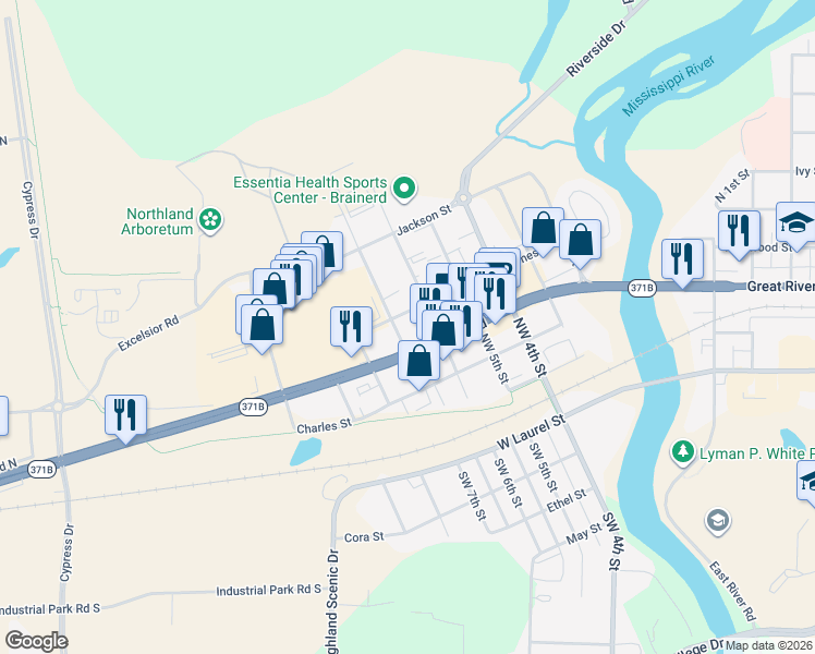 map of restaurants, bars, coffee shops, grocery stores, and more near 620 West Washington Street in Brainerd