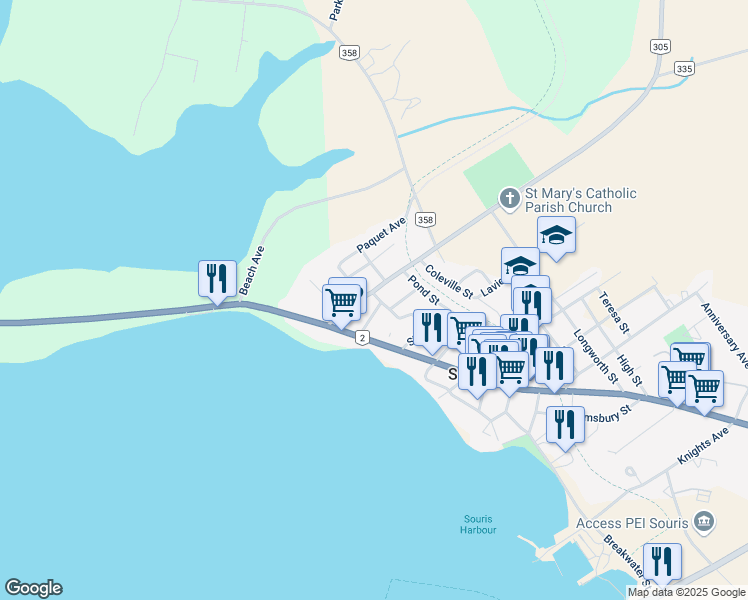 map of restaurants, bars, coffee shops, grocery stores, and more near 11 Sutherland Street in Souris