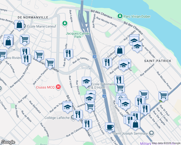 map of restaurants, bars, coffee shops, grocery stores, and more near 2141 Boulevard Saint-Louis in Trois-Rivières