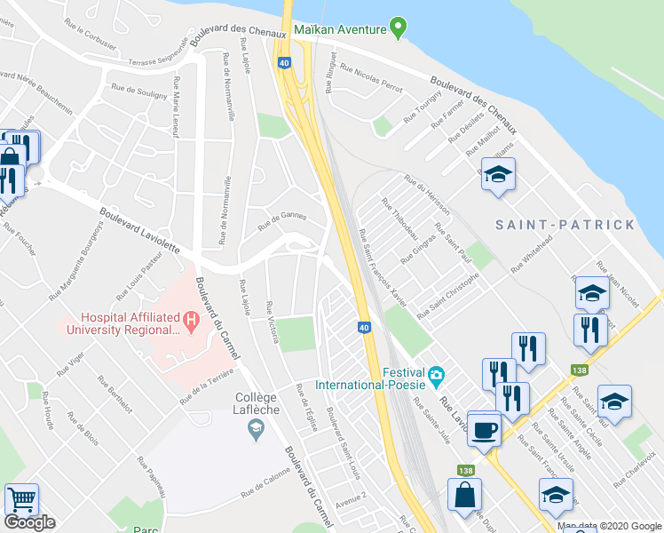 map of restaurants, bars, coffee shops, grocery stores, and more near 2046 Rue Laviolette in Trois-Rivières
