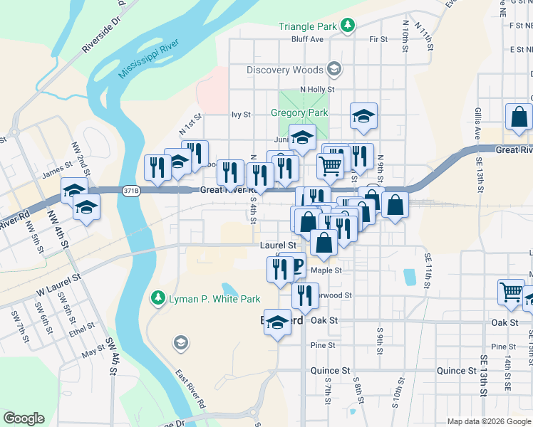 map of restaurants, bars, coffee shops, grocery stores, and more near 400 Washington Street in Brainerd