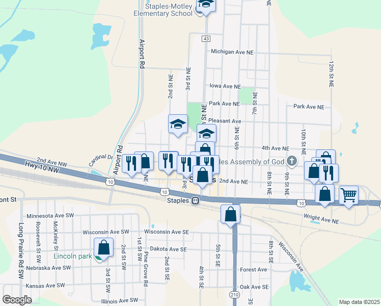 map of restaurants, bars, coffee shops, grocery stores, and more near 319 4th Street Northeast in Staples