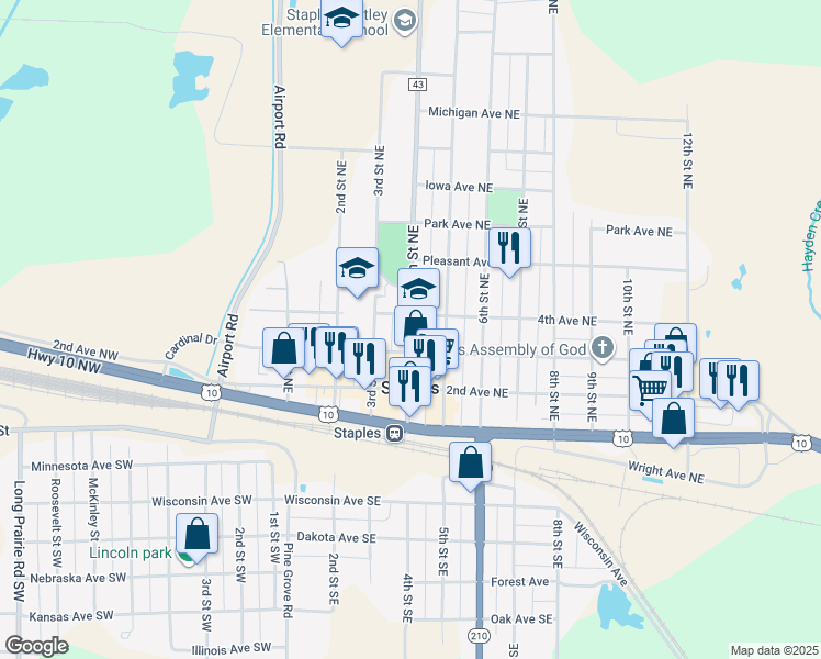 map of restaurants, bars, coffee shops, grocery stores, and more near 319 4th Street Northeast in Staples