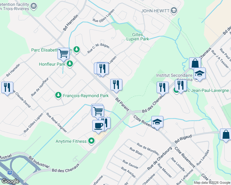 map of restaurants, bars, coffee shops, grocery stores, and more near 6314 Boulevard Parent in Trois-Riviã¨Res
