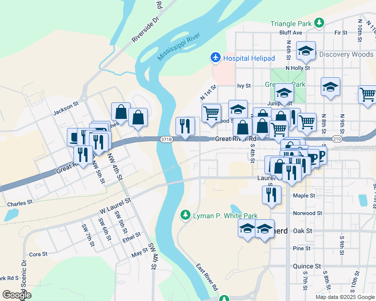 map of restaurants, bars, coffee shops, grocery stores, and more near 115 North 1st Street in Brainerd