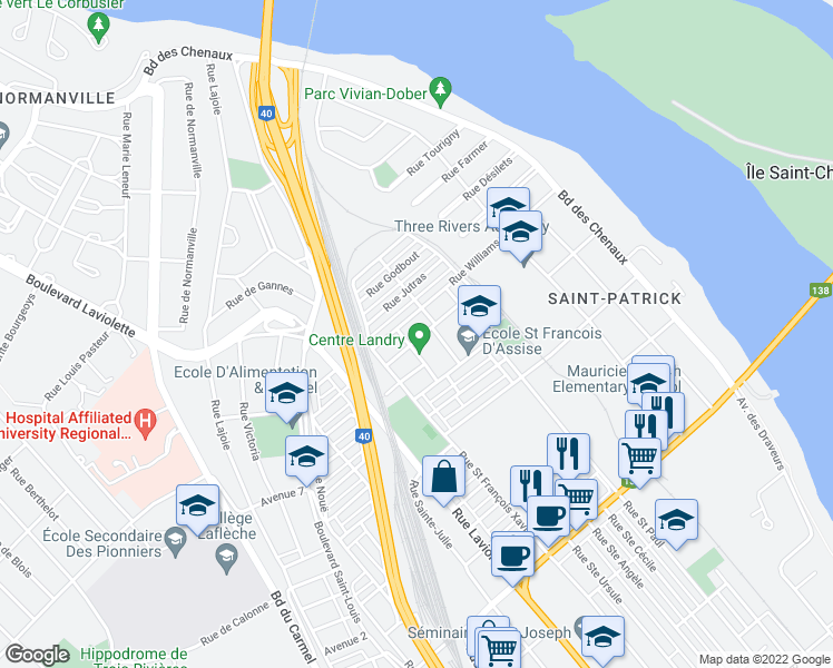 map of restaurants, bars, coffee shops, grocery stores, and more near 696 Rue Gingras in Trois-Rivières