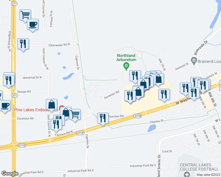 map of restaurants, bars, coffee shops, grocery stores, and more near 8186 Excelsior Road in Baxter