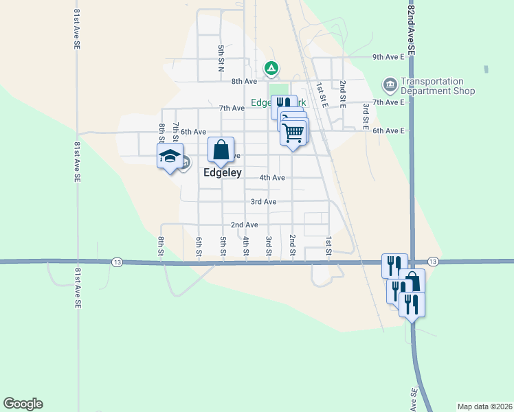 map of restaurants, bars, coffee shops, grocery stores, and more near 309 3rd Avenue in Edgeley