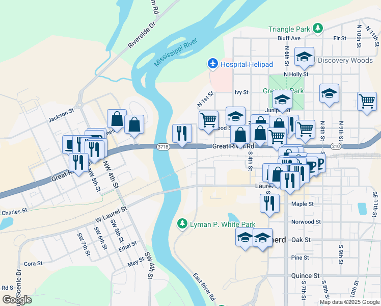 map of restaurants, bars, coffee shops, grocery stores, and more near 115 North 1st Street in Brainerd