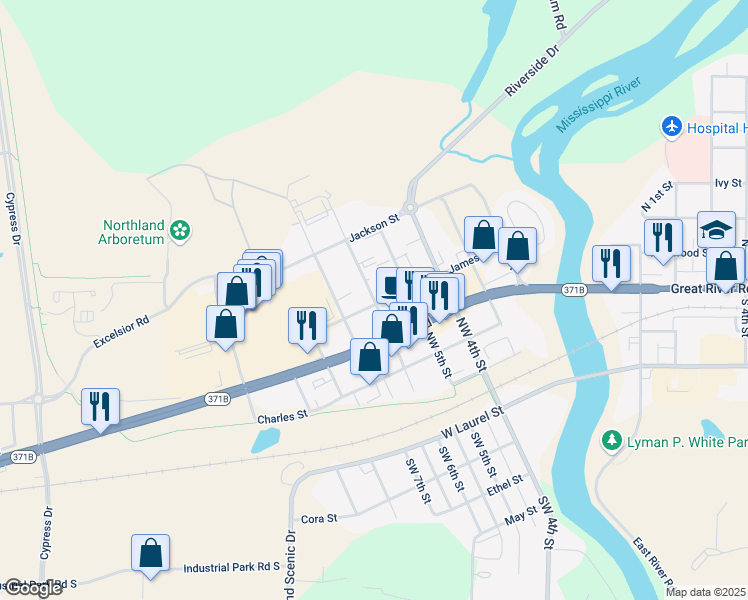 map of restaurants, bars, coffee shops, grocery stores, and more near 502 Northwest 6th Street in Brainerd