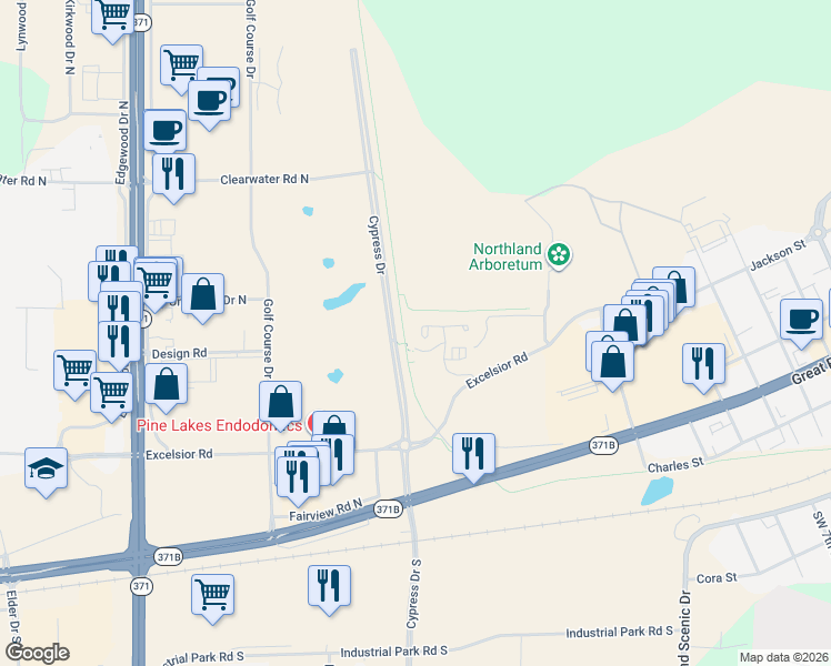 map of restaurants, bars, coffee shops, grocery stores, and more near 8027 Broadmoor Drive in Baxter