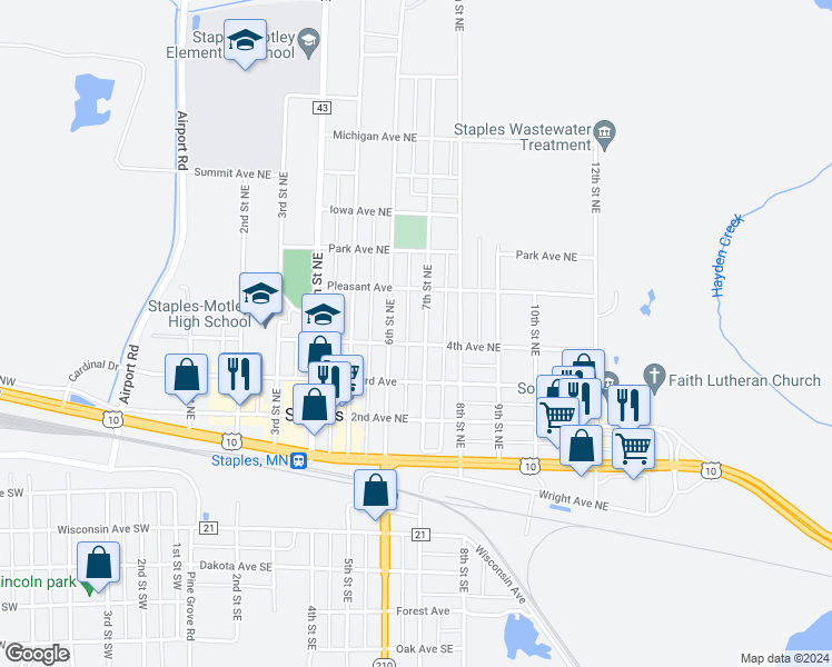 map of restaurants, bars, coffee shops, grocery stores, and more near 407 7th Street Northeast in Staples
