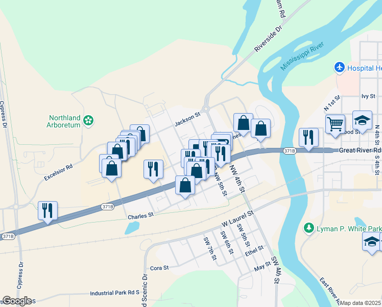 map of restaurants, bars, coffee shops, grocery stores, and more near 502 Northwest 6th Street in Brainerd