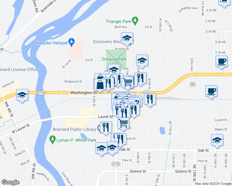 map of restaurants, bars, coffee shops, grocery stores, and more near S 6th St & Washington St in Brainerd
