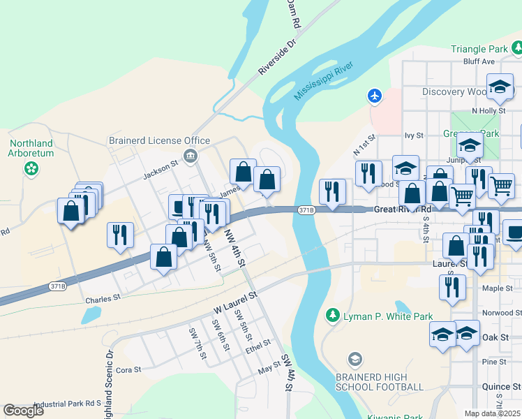 map of restaurants, bars, coffee shops, grocery stores, and more near 205 West Washington Street in Brainerd