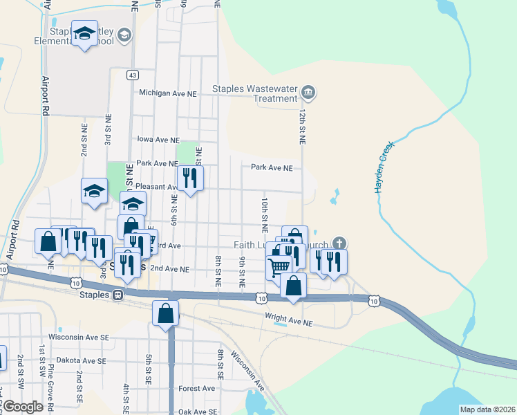 map of restaurants, bars, coffee shops, grocery stores, and more near 981 Pleasant Avenue in Staples