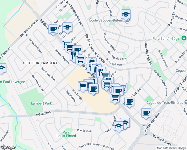 map of restaurants, bars, coffee shops, grocery stores, and more near 4450 Boulevard des Forges in Trois-Rivières