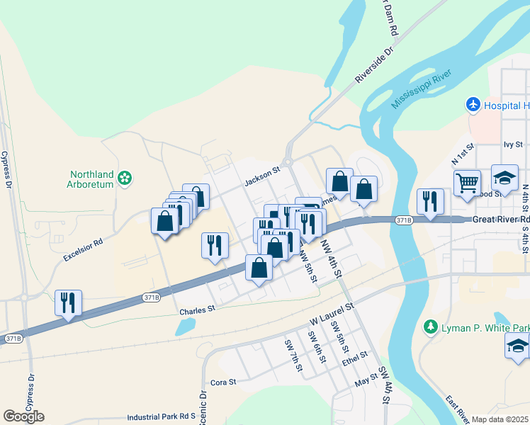map of restaurants, bars, coffee shops, grocery stores, and more near 601 Northwest 5th Street in Brainerd