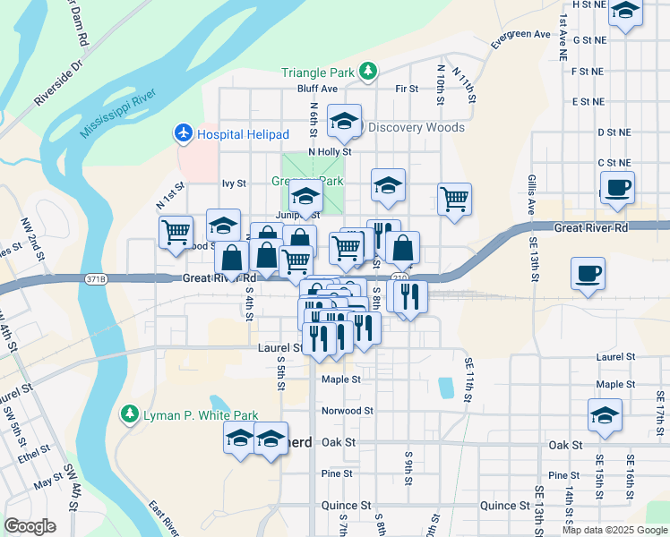 map of restaurants, bars, coffee shops, grocery stores, and more near 612 Kingwood Street in Brainerd