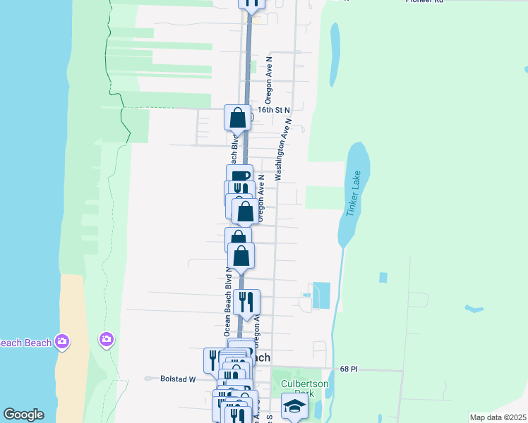 map of restaurants, bars, coffee shops, grocery stores, and more near 1012 Oregon Avenue North in Long Beach