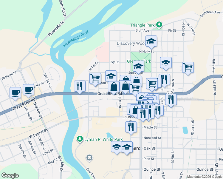 map of restaurants, bars, coffee shops, grocery stores, and more near 301 Washington Street in Brainerd