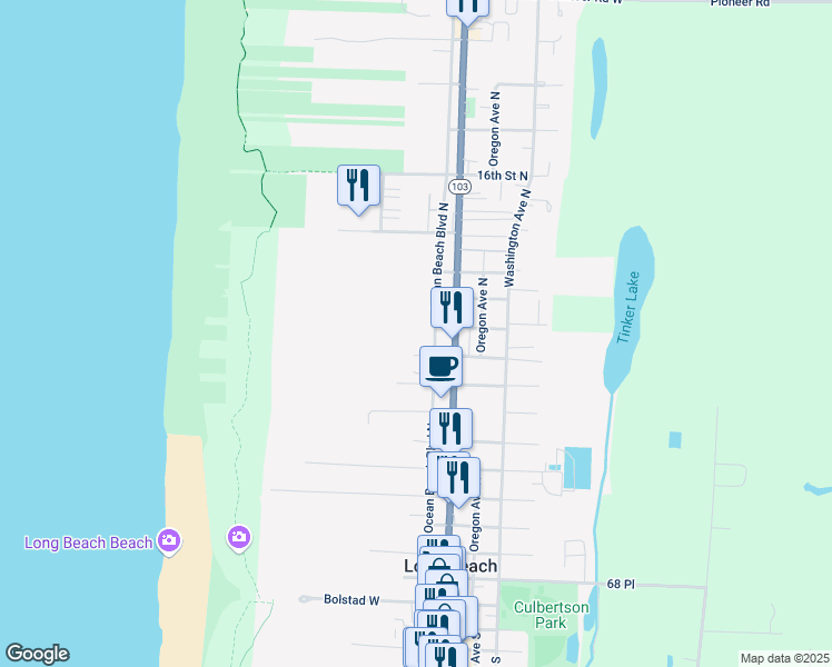 map of restaurants, bars, coffee shops, grocery stores, and more near 1105 Ocean Beach Boulevard North in Long Beach