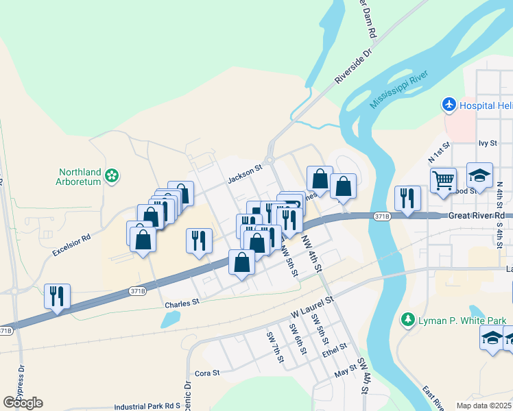 map of restaurants, bars, coffee shops, grocery stores, and more near 601 Northwest 5th Street in Brainerd