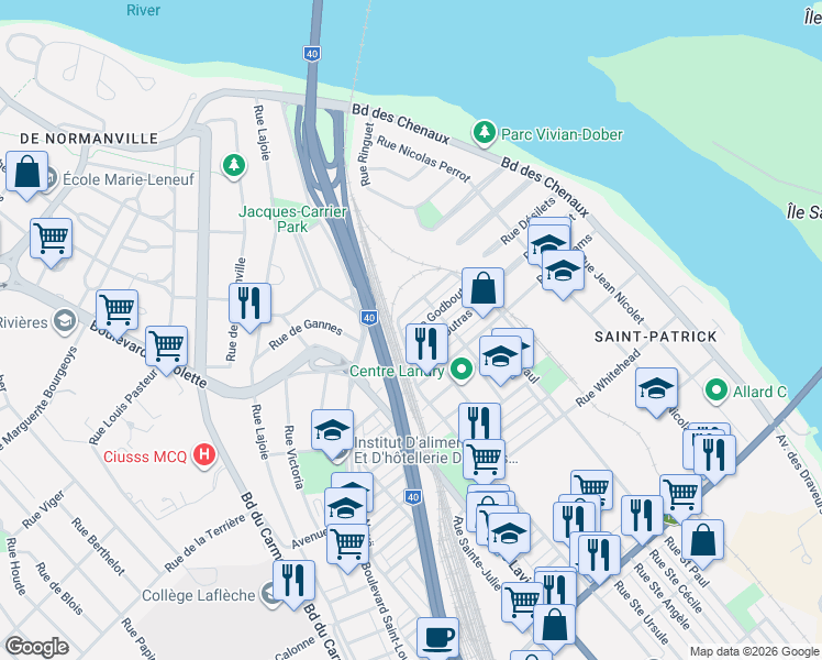 map of restaurants, bars, coffee shops, grocery stores, and more near 768 Rue Godbout in Trois-Rivières