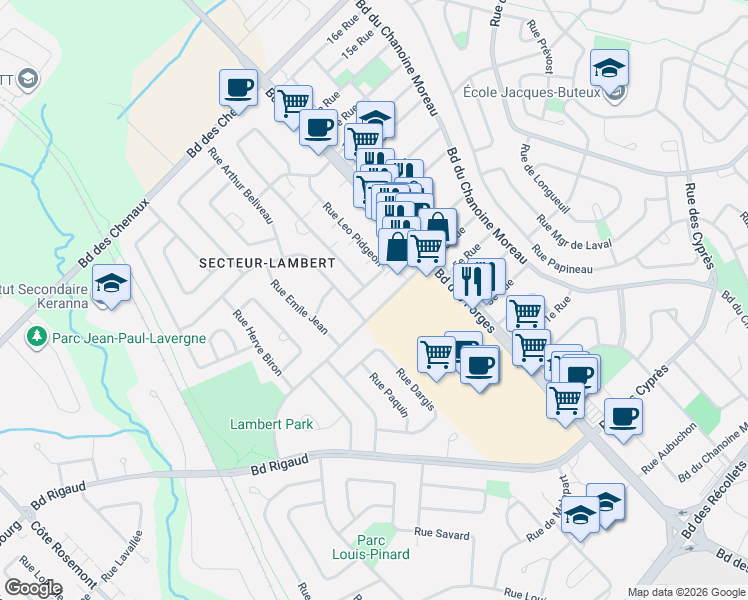 map of restaurants, bars, coffee shops, grocery stores, and more near 1690 6e Rue in Trois-Rivières