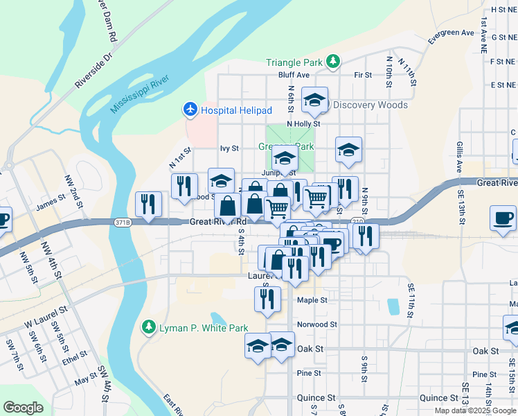 map of restaurants, bars, coffee shops, grocery stores, and more near 220 North 4th Street in Brainerd