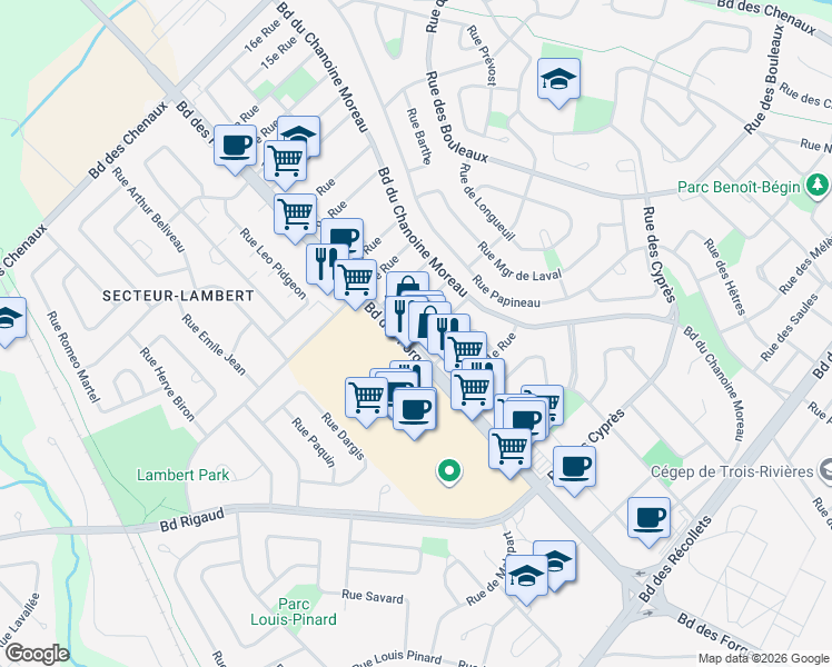 map of restaurants, bars, coffee shops, grocery stores, and more near 1400 3e Rue in Trois-Rivières