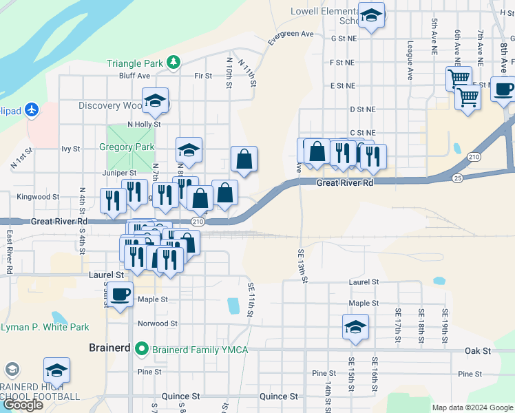 map of restaurants, bars, coffee shops, grocery stores, and more near 501 Laurel Street in Brainerd