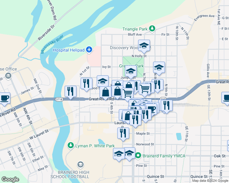 map of restaurants, bars, coffee shops, grocery stores, and more near 220 North 4th Street in Brainerd