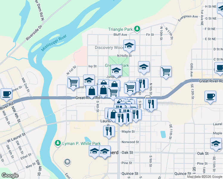 map of restaurants, bars, coffee shops, grocery stores, and more near 318 Laurel Street in Brainerd